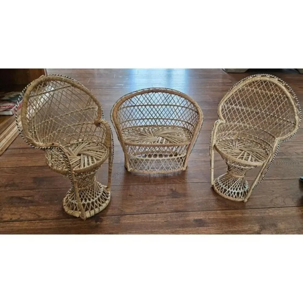 Wicker Rattan Peacock Fan Back Rattan Chair x 2‎ & Bench Miniature Boho 3 pc Set